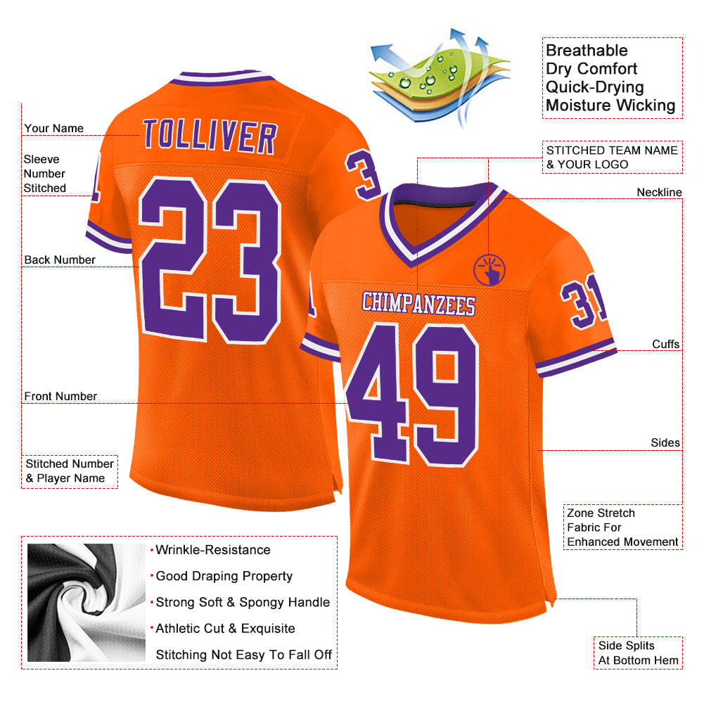 Custom Orange Purple-White Mesh Authentic Throwback Football Jersey view 2
