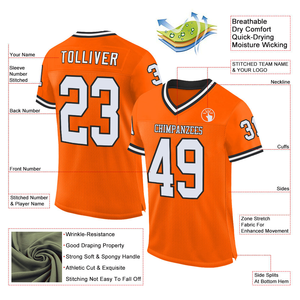 Custom Orange White-Black Mesh Authentic Throwback Football Jersey view 3