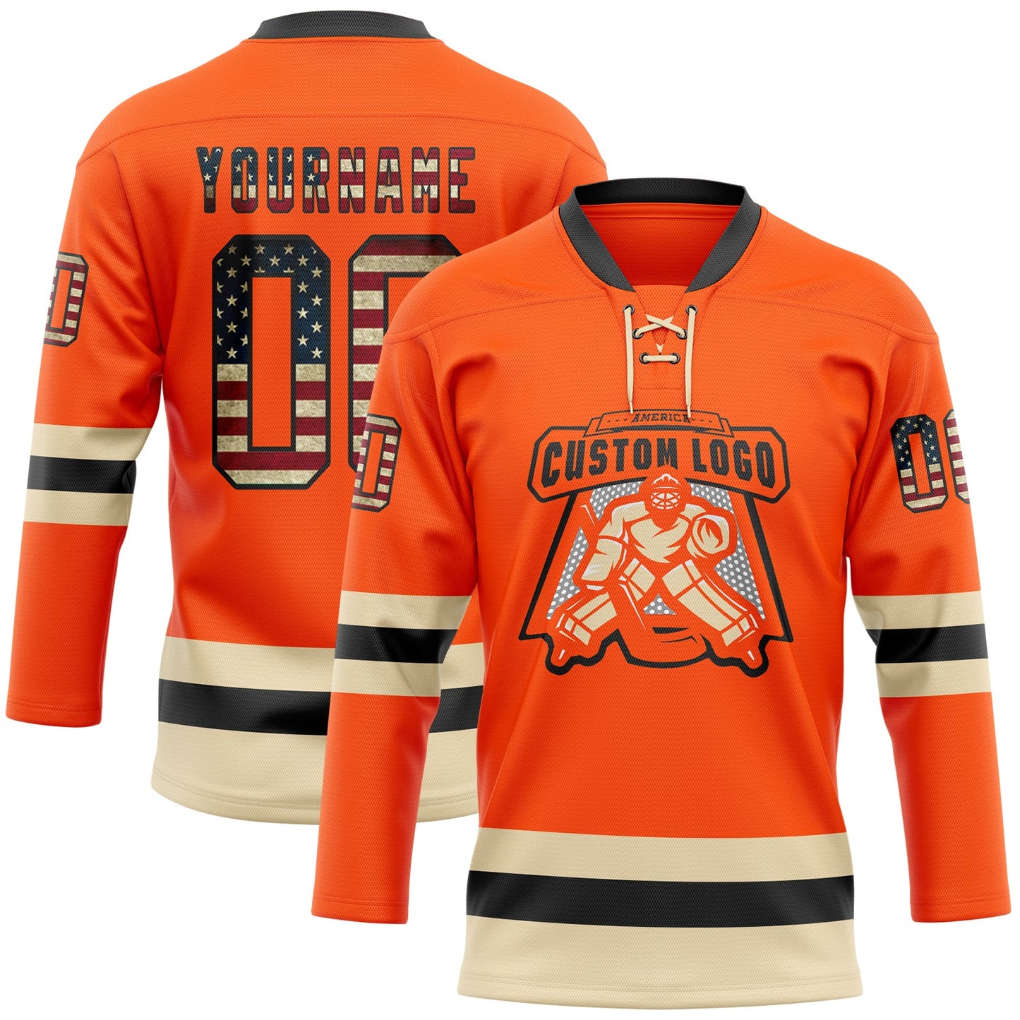 Custom Orange Vintage USA Flag Black-Cream Hockey Lace Neck Jersey view 2