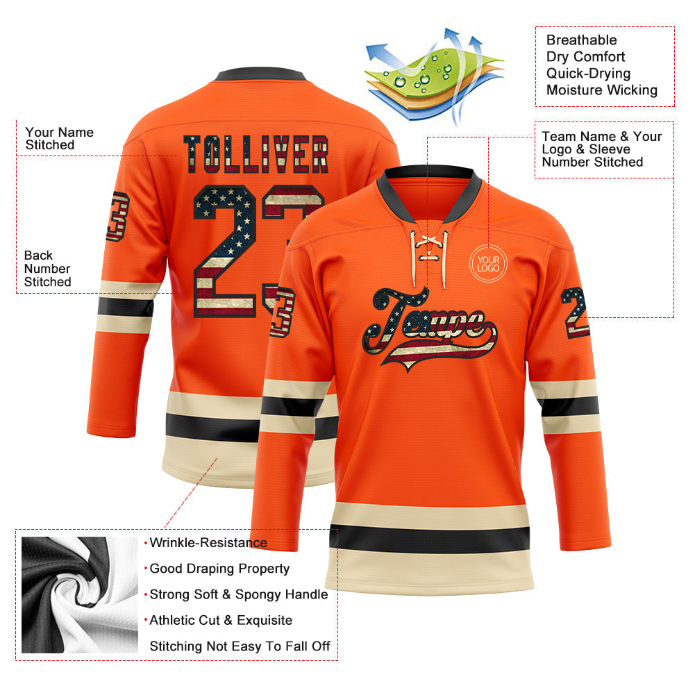 Custom Orange Vintage USA Flag Black-Cream Hockey Lace Neck Jersey view 3