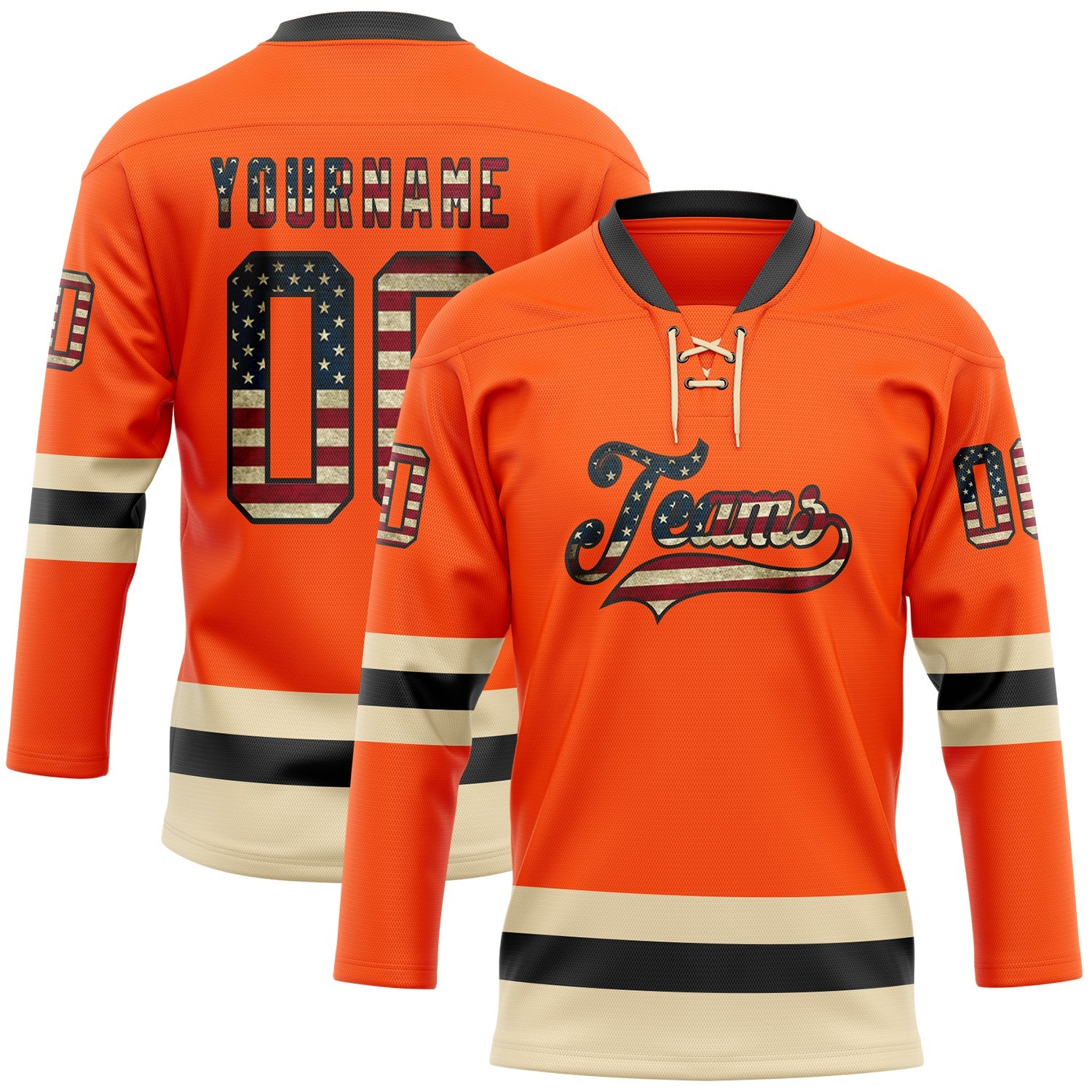 Custom Orange Vintage USA Flag Black-Cream Hockey Lace Neck Jersey - Main View