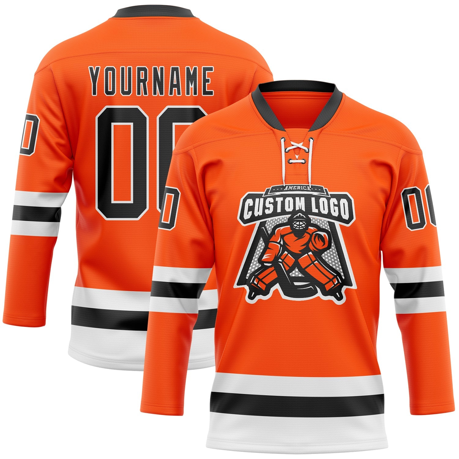 Custom Orange Black-White Hockey Lace Neck Jersey view 2