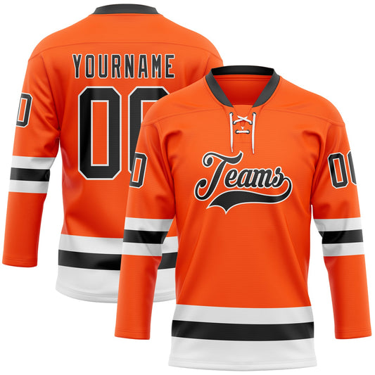 Custom Orange Black-White Hockey Lace Neck Jersey - Main View