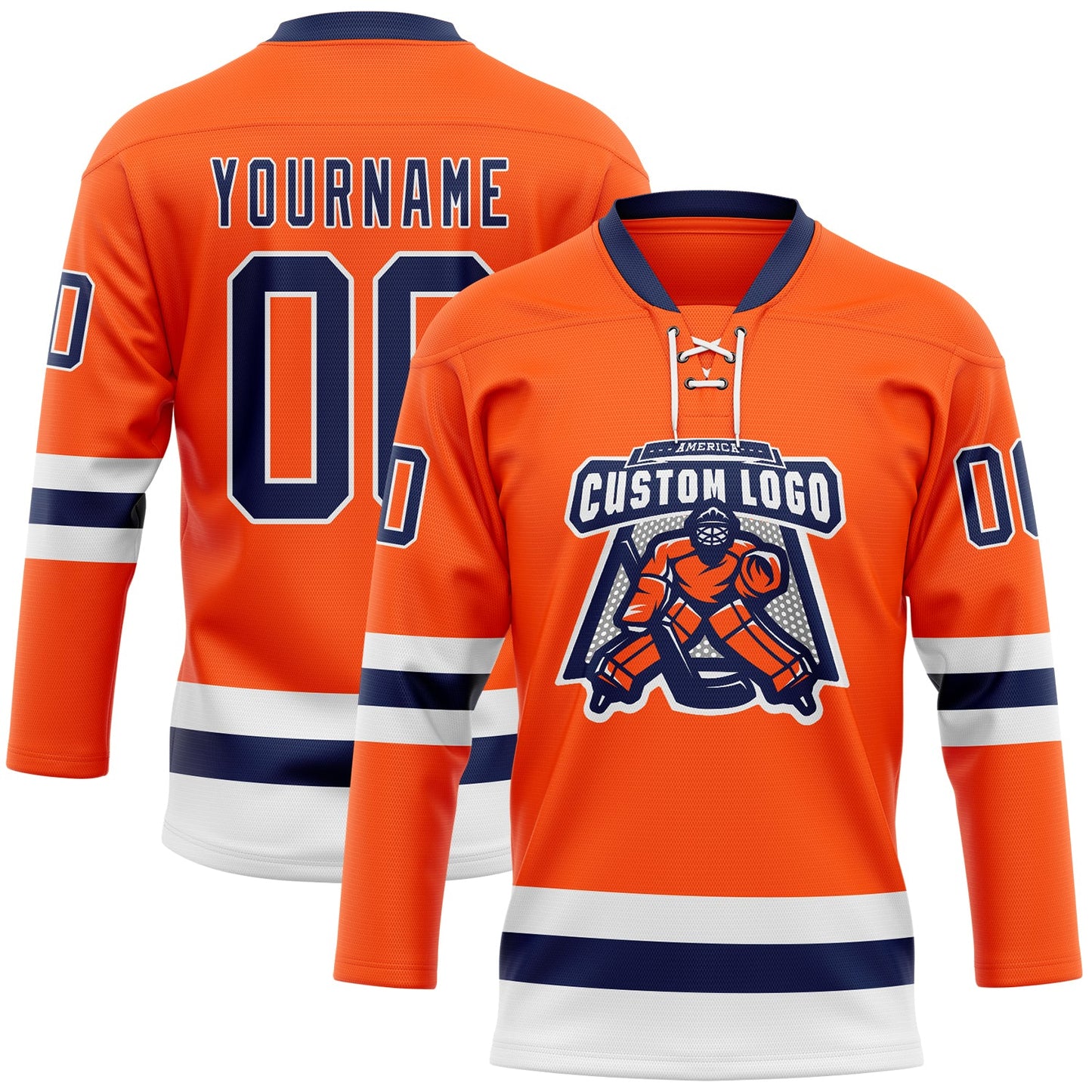 Custom Orange Navy-White Hockey Lace Neck Jersey view 2