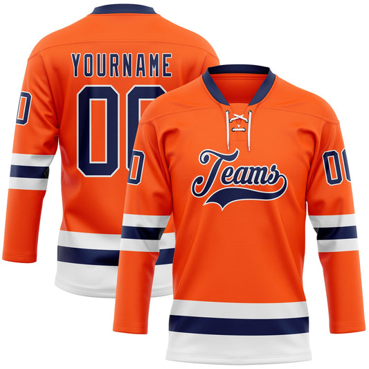 Custom Orange Navy-White Hockey Lace Neck Jersey - Main View