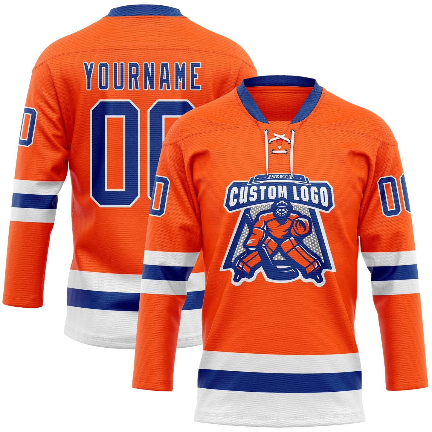 Custom Orange Royal-White Hockey Lace Neck Jersey view 2