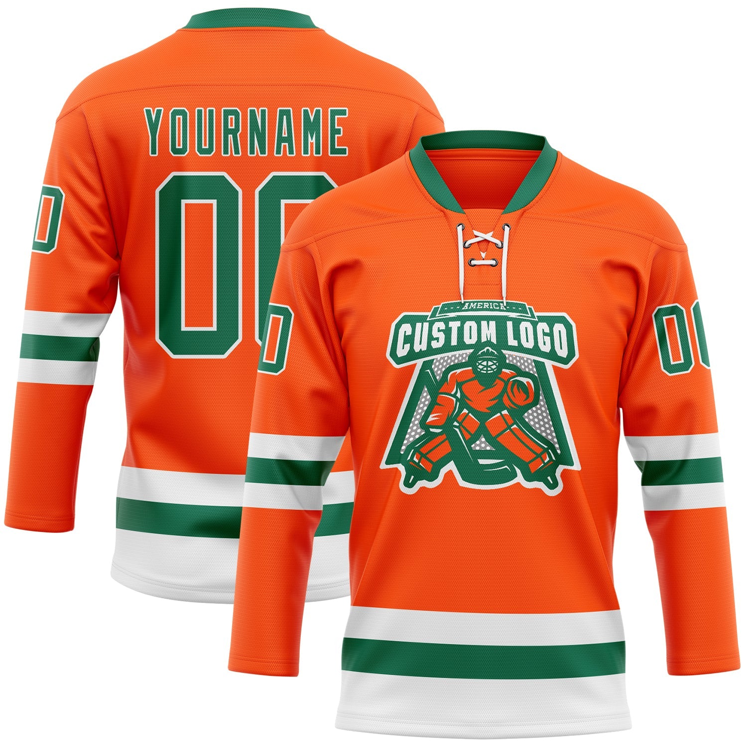 Custom Orange Kelly Green-White Hockey Lace Neck Jersey view 2