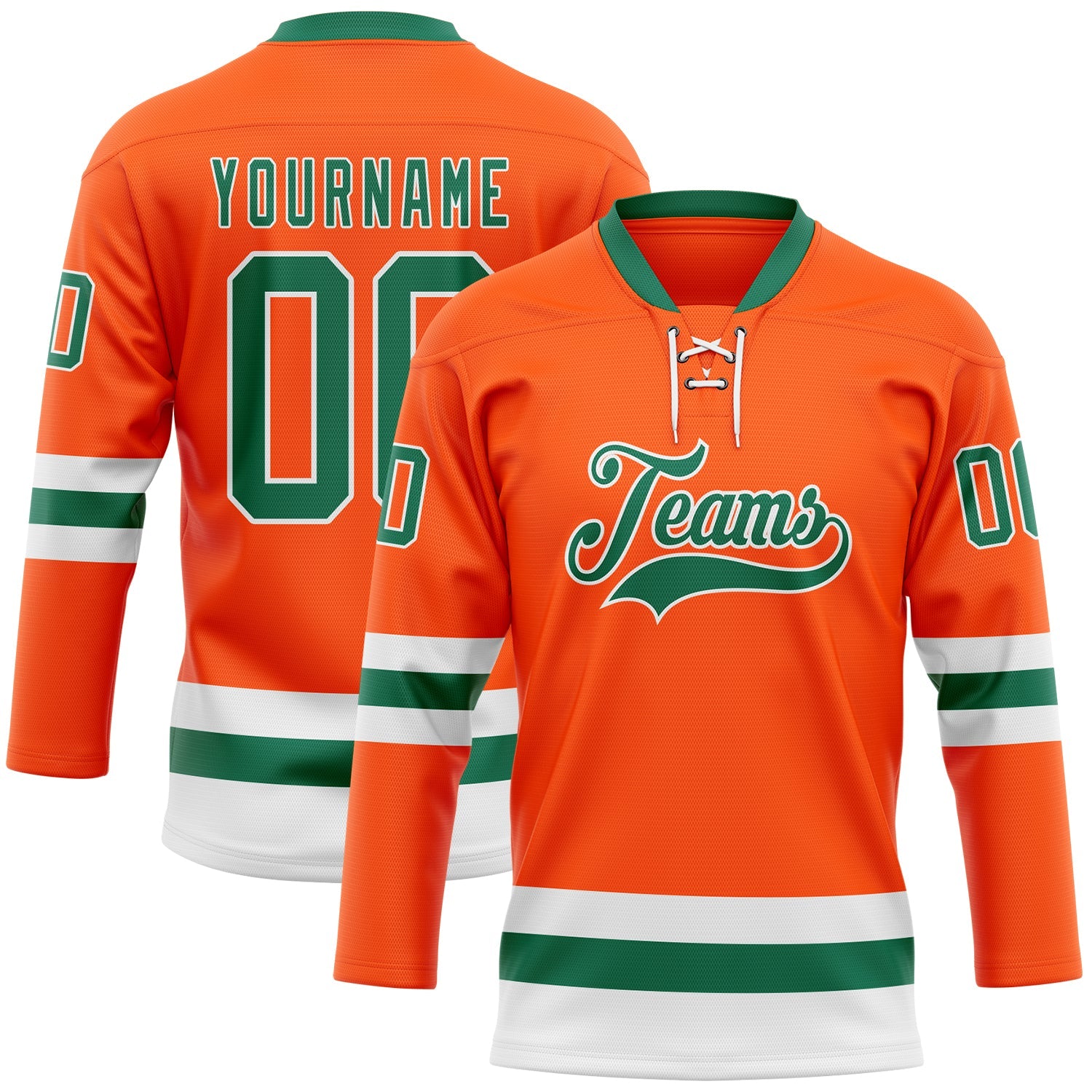 Custom Orange Kelly Green-White Hockey Lace Neck Jersey - Main View