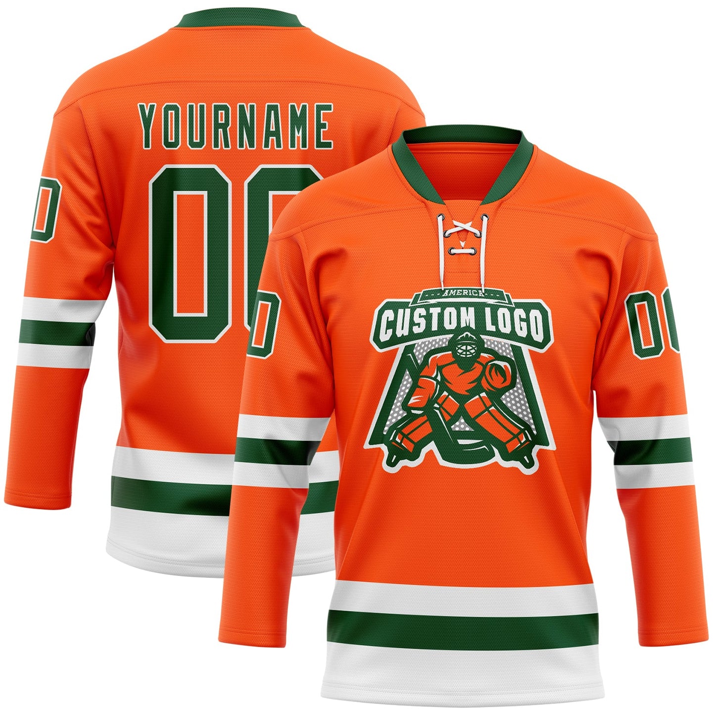 Custom Orange Green-White Hockey Lace Neck Jersey view 2