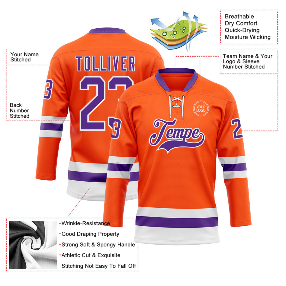 Custom Orange Purple-White Hockey Lace Neck Jersey view 3