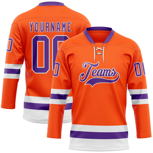 Custom Orange Purple-White Hockey Lace Neck Jersey - Main View