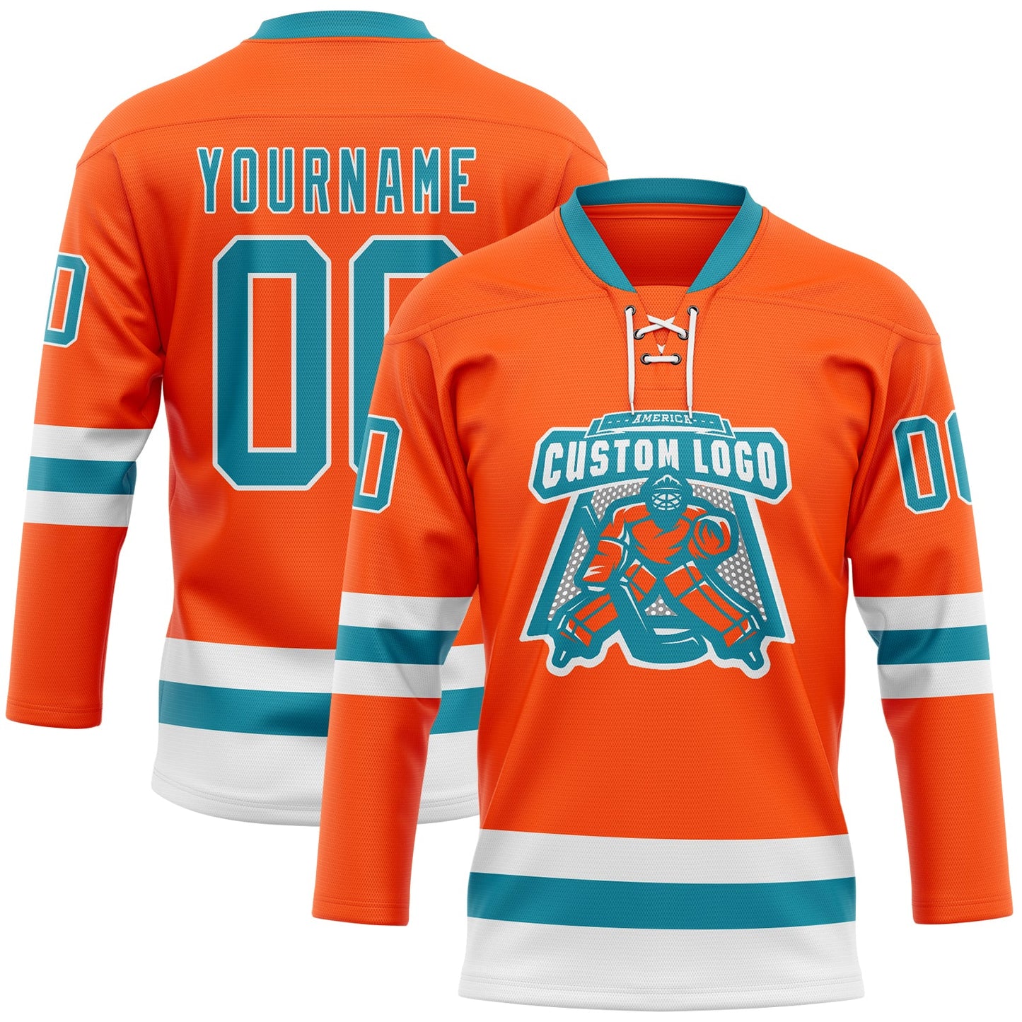 Custom Orange Teal-White Hockey Lace Neck Jersey view 2