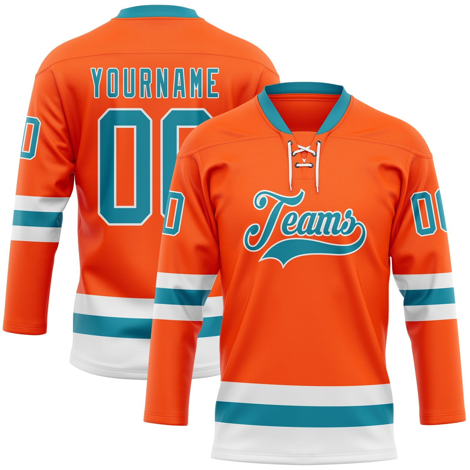 Custom Orange Teal-White Hockey Lace Neck Jersey - Main View