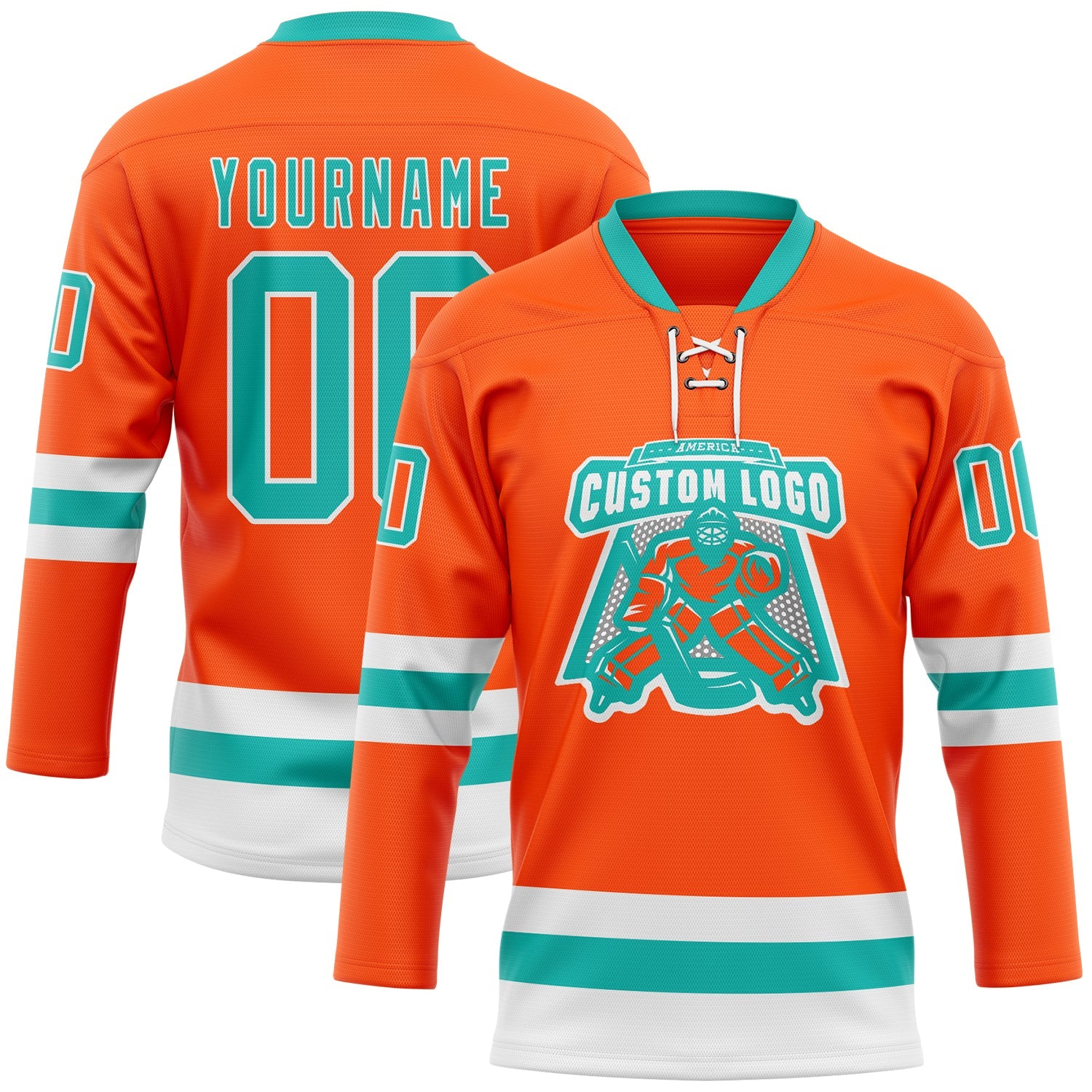 Custom Orange Aqua-White Hockey Lace Neck Jersey view 2