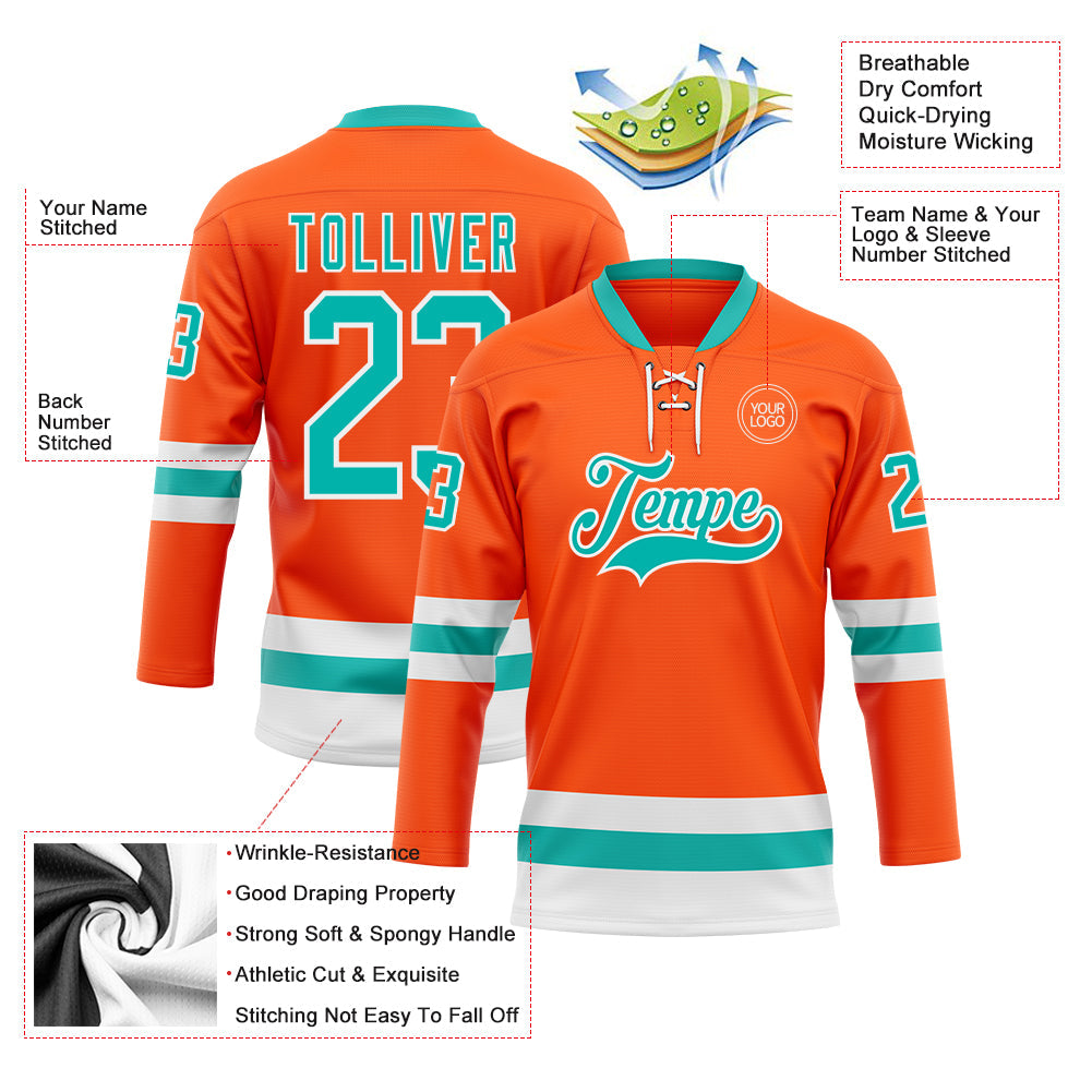 Custom Orange Aqua-White Hockey Lace Neck Jersey view 3