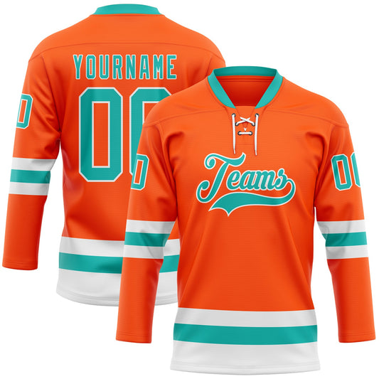 Custom Orange Aqua-White Hockey Lace Neck Jersey - Main View