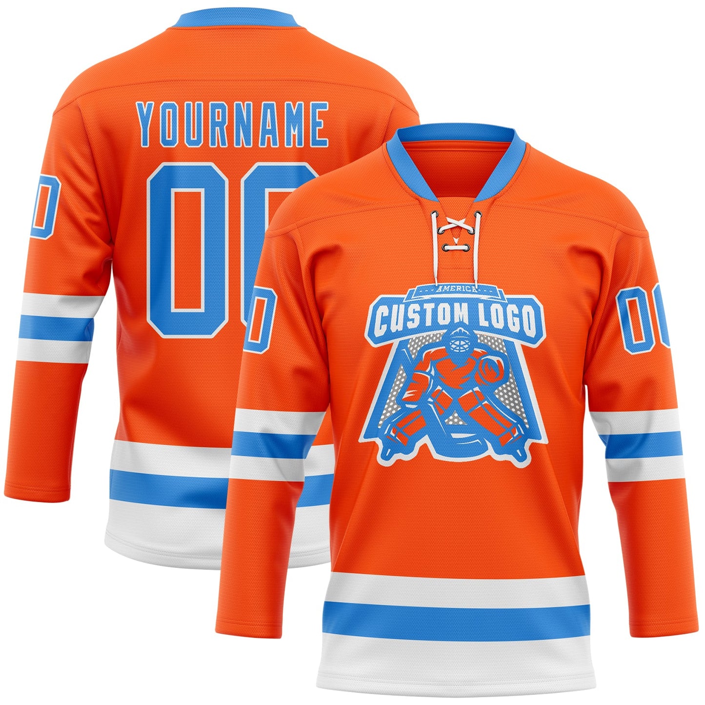 Custom Orange Powder Blue-White Hockey Lace Neck Jersey view 2
