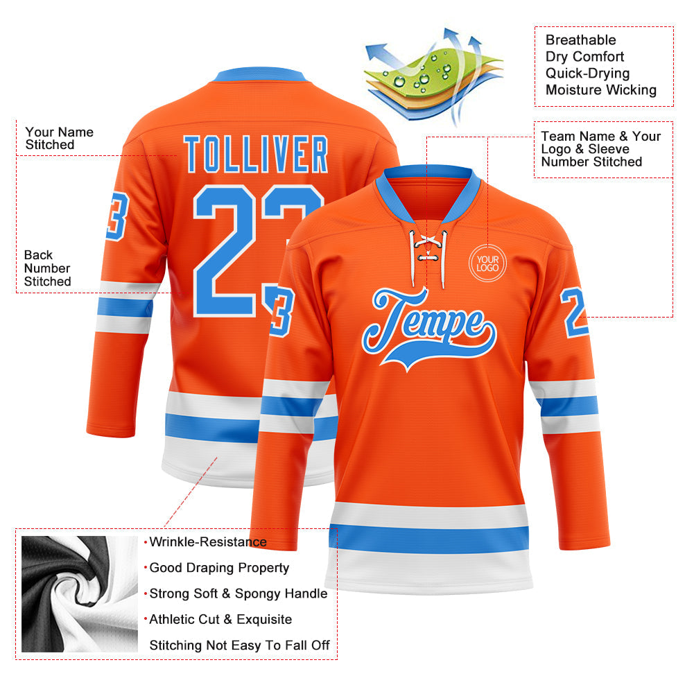Custom Orange Powder Blue-White Hockey Lace Neck Jersey view 3