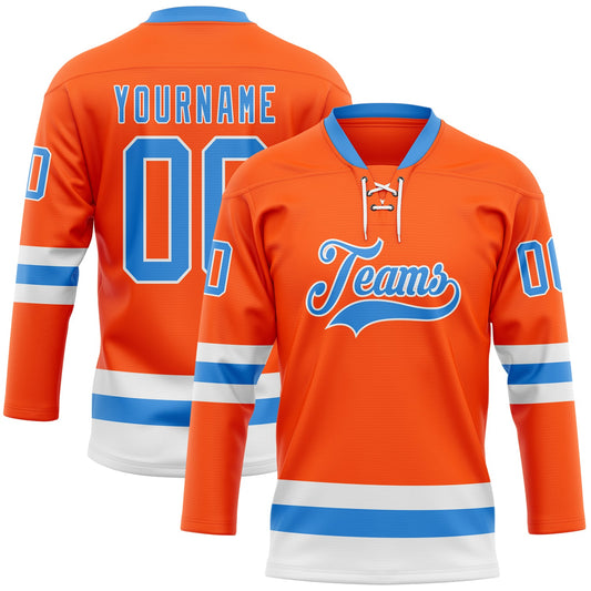 Custom Orange Powder Blue-White Hockey Lace Neck Jersey - Main View