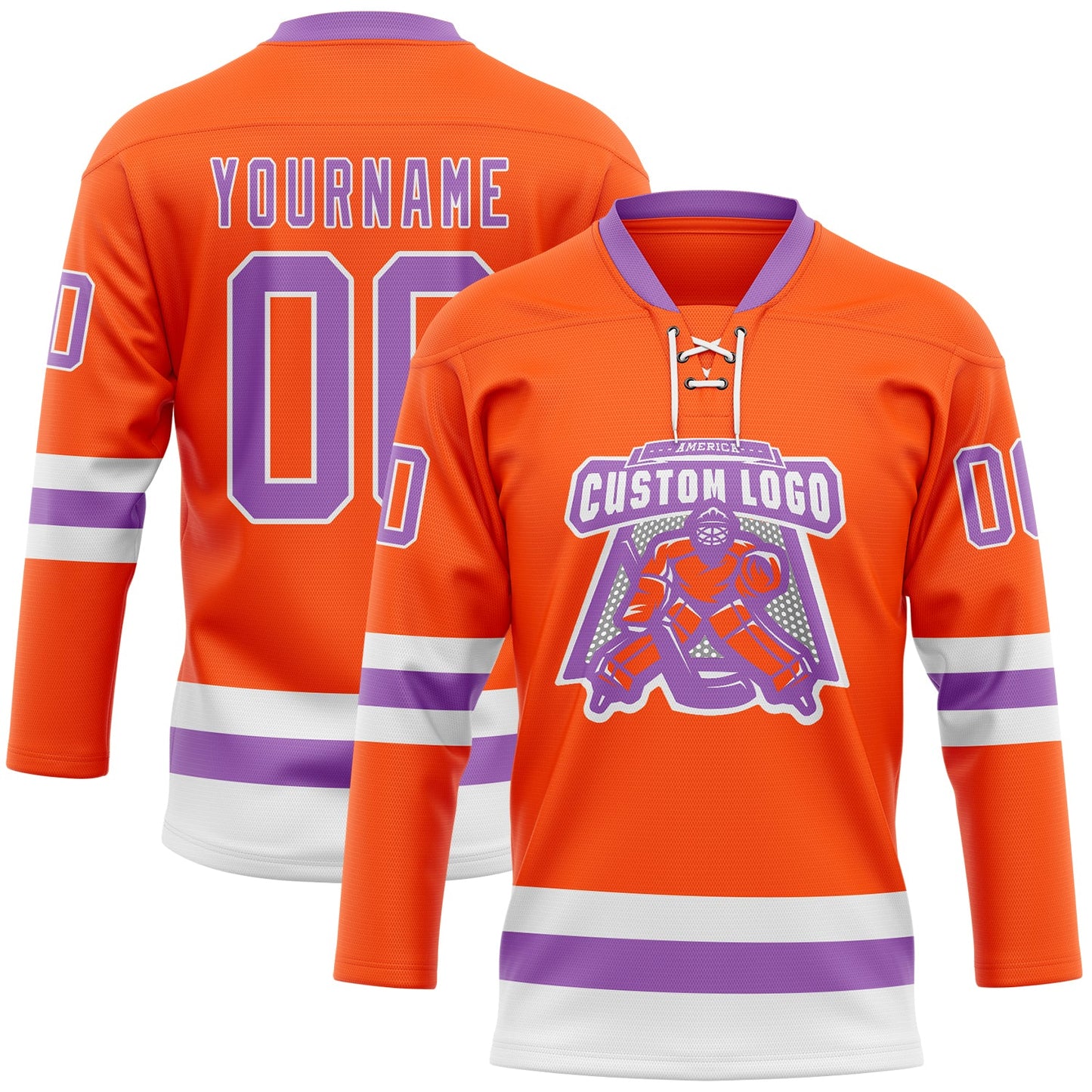 Custom Orange Medium Purple-White Hockey Lace Neck Jersey view 2