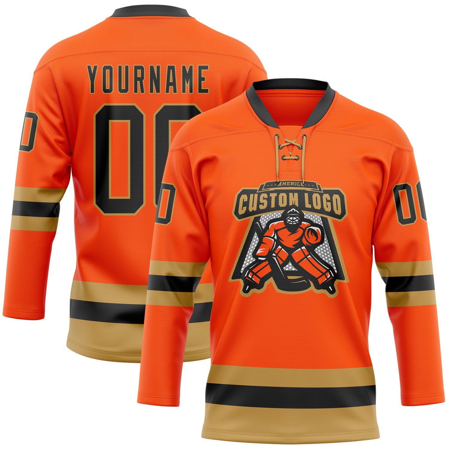 Custom Orange Black-Old Gold Hockey Lace Neck Jersey view 2