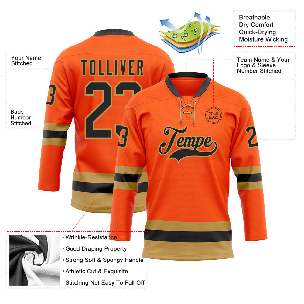 Custom Orange Black-Old Gold Hockey Lace Neck Jersey view 3