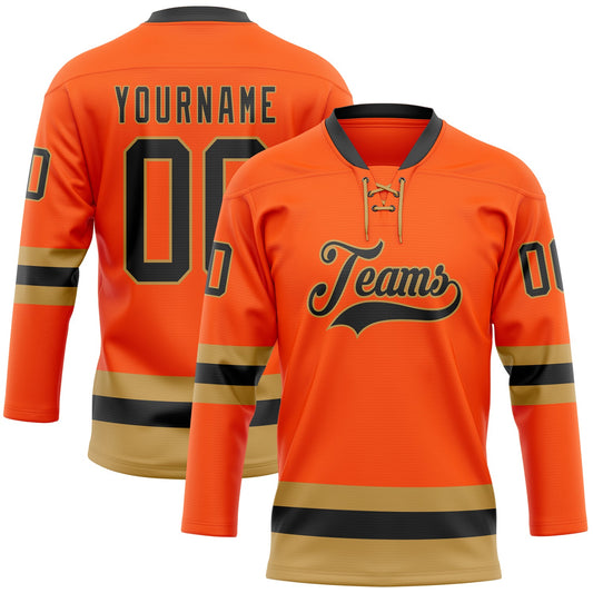 Custom Orange Black-Old Gold Hockey Lace Neck Jersey - Main View