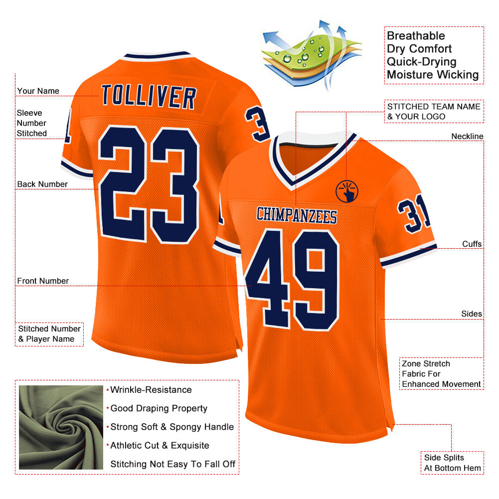 Custom Orange Navy-White Mesh Authentic Throwback Football Jersey view 2