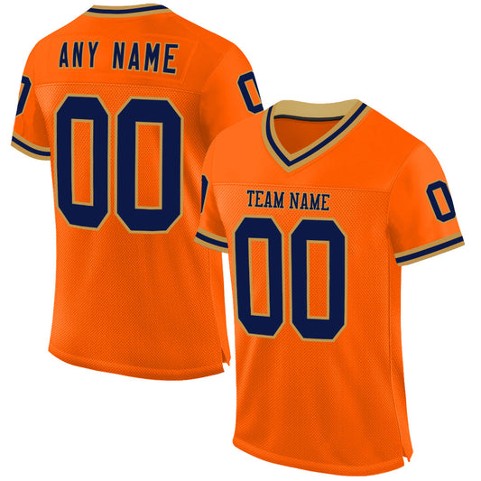 Custom Orange Navy-Old Gold Mesh Authentic Throwback Football Jersey - Main View