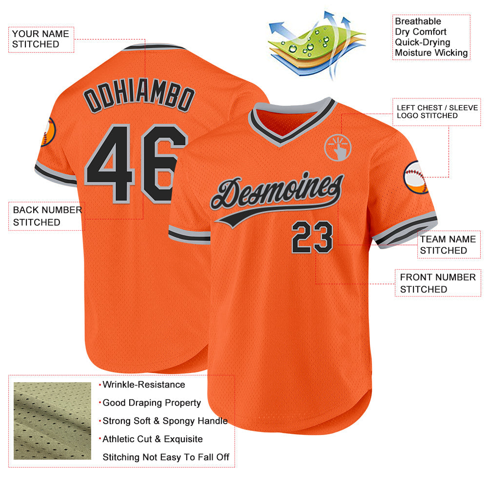 Custom Orange Black-Gray Authentic Throwback Baseball Jersey view 3