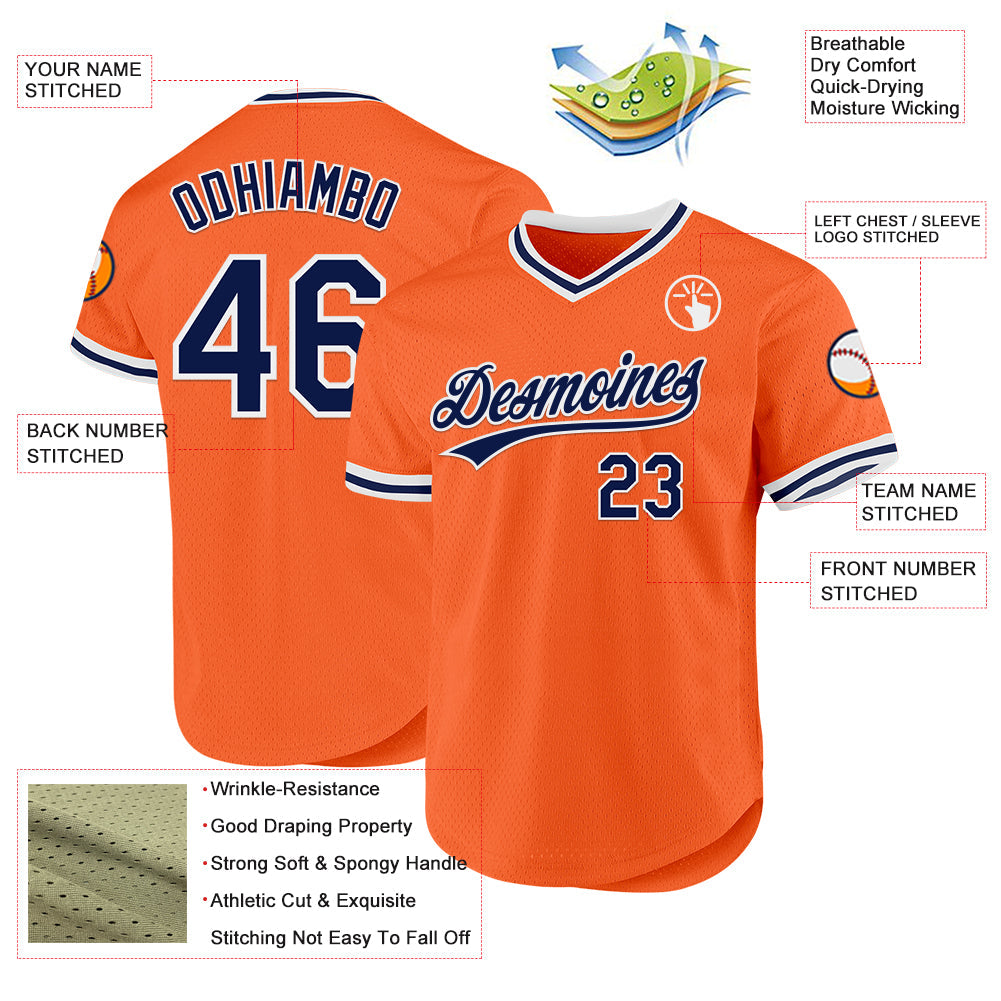 Custom Orange Navy-White Authentic Throwback Baseball Jersey view 3