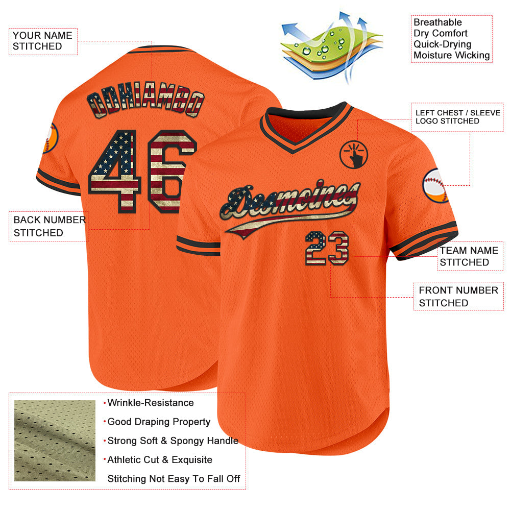 Custom Orange Vintage USA Flag-Black Authentic Throwback Baseball Jersey view 3