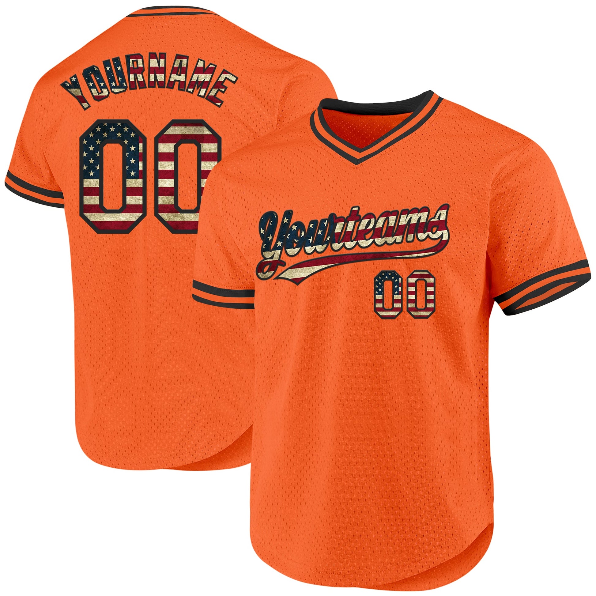 Custom Orange Vintage USA Flag-Black Authentic Throwback Baseball Jersey - Main View