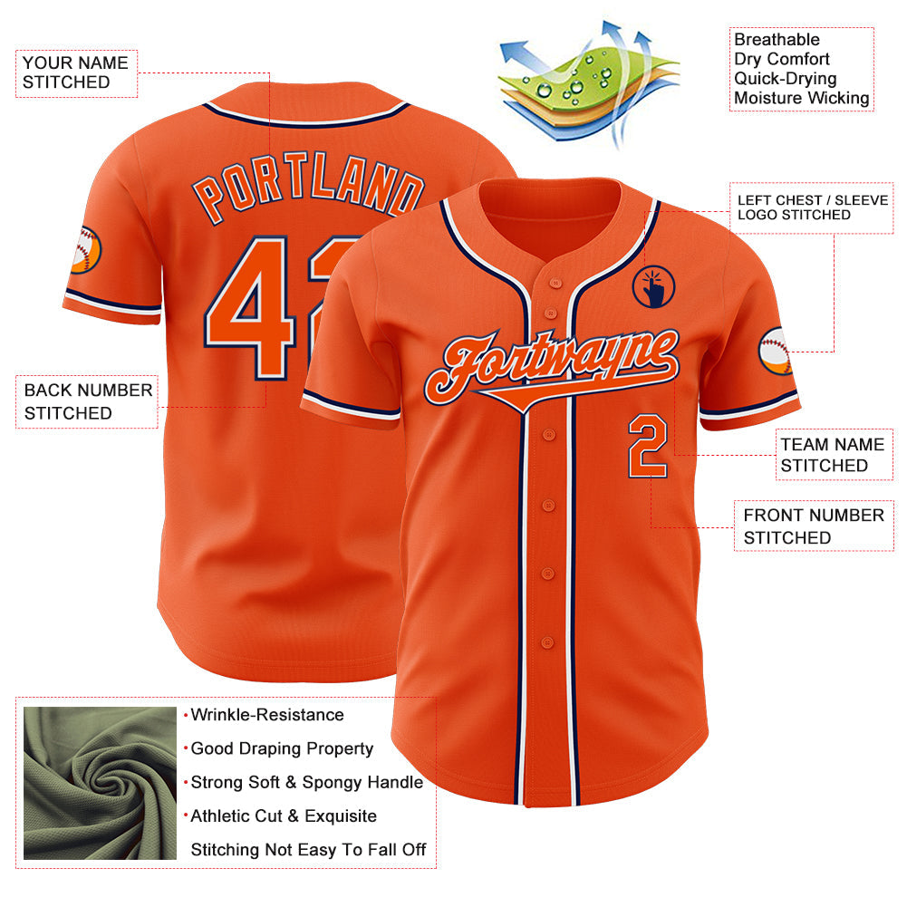 Custom Orange White-Navy Authentic Baseball Jersey view 3