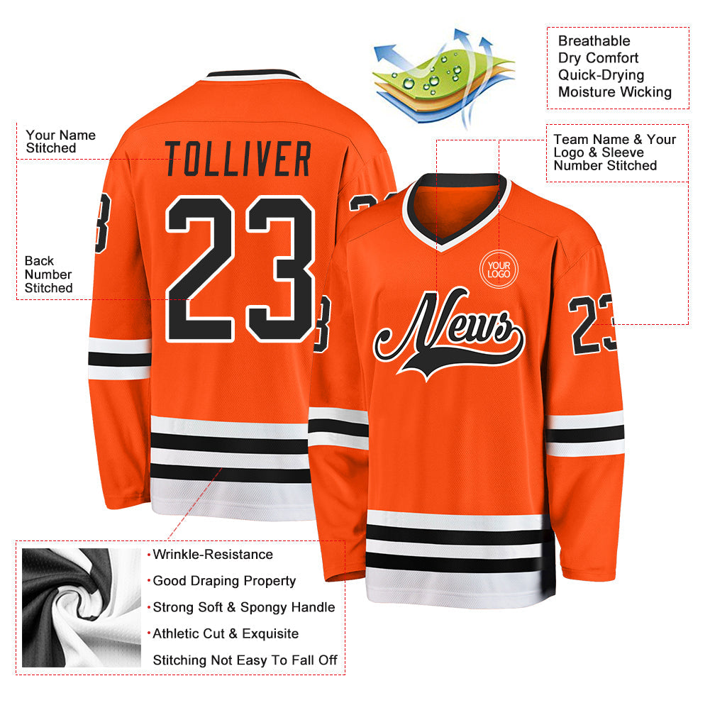 Custom Orange Black-White Hockey Jersey view 3