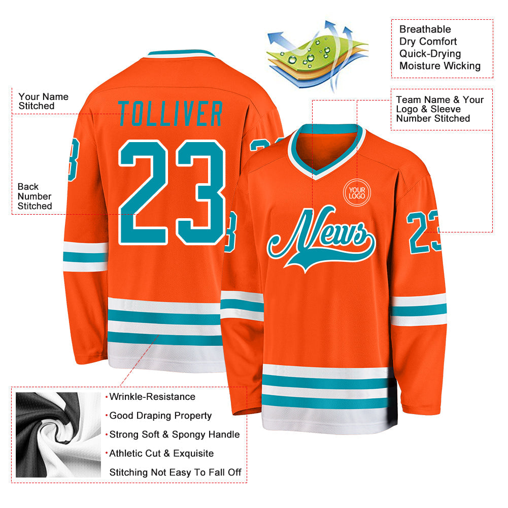 Custom Orange Teal-White Hockey Jersey view 3