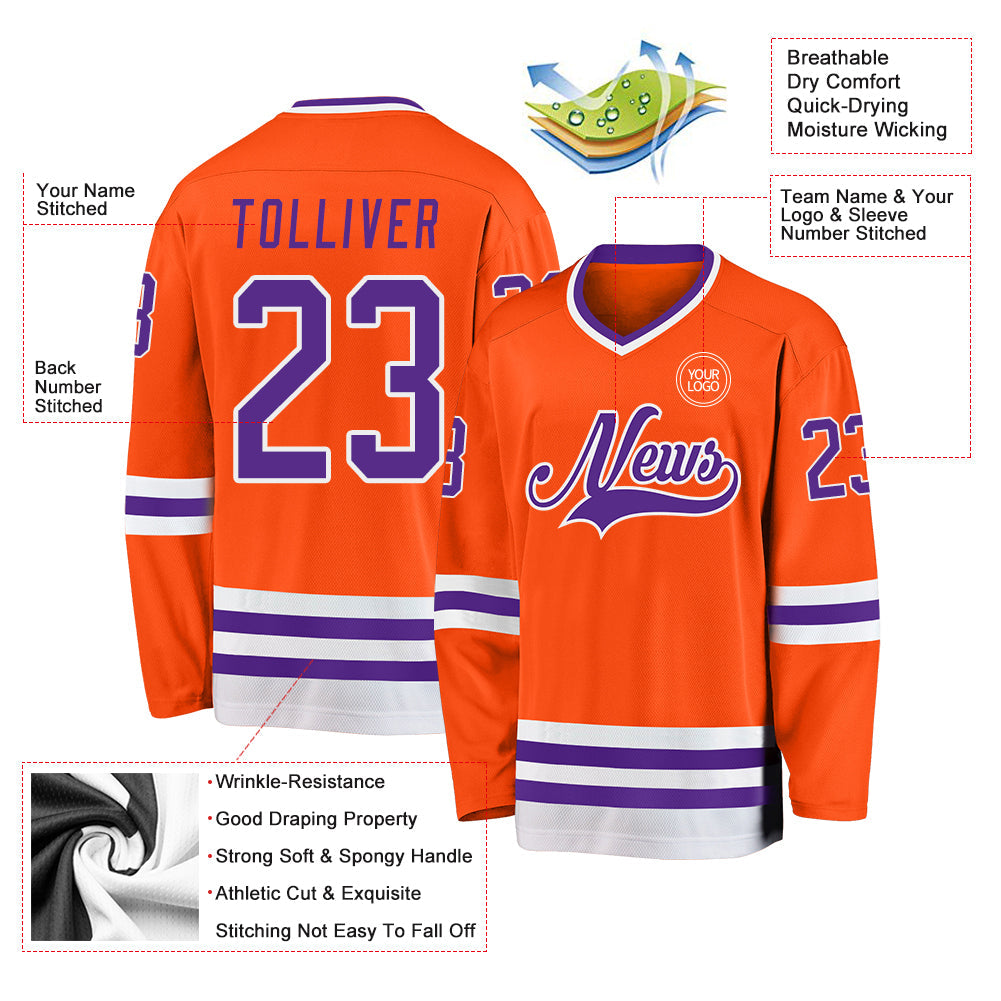 Custom Orange Purple-White Hockey Jersey view 3