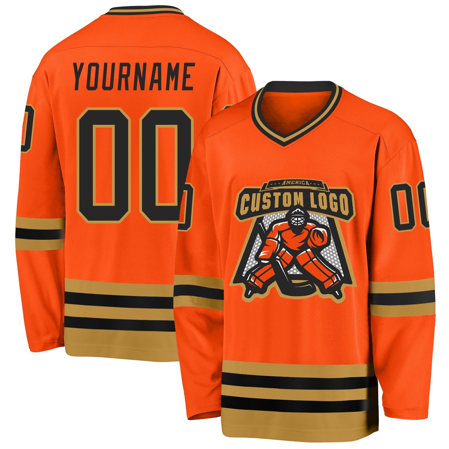 Custom Orange Black-Old Gold Hockey Jersey view 2