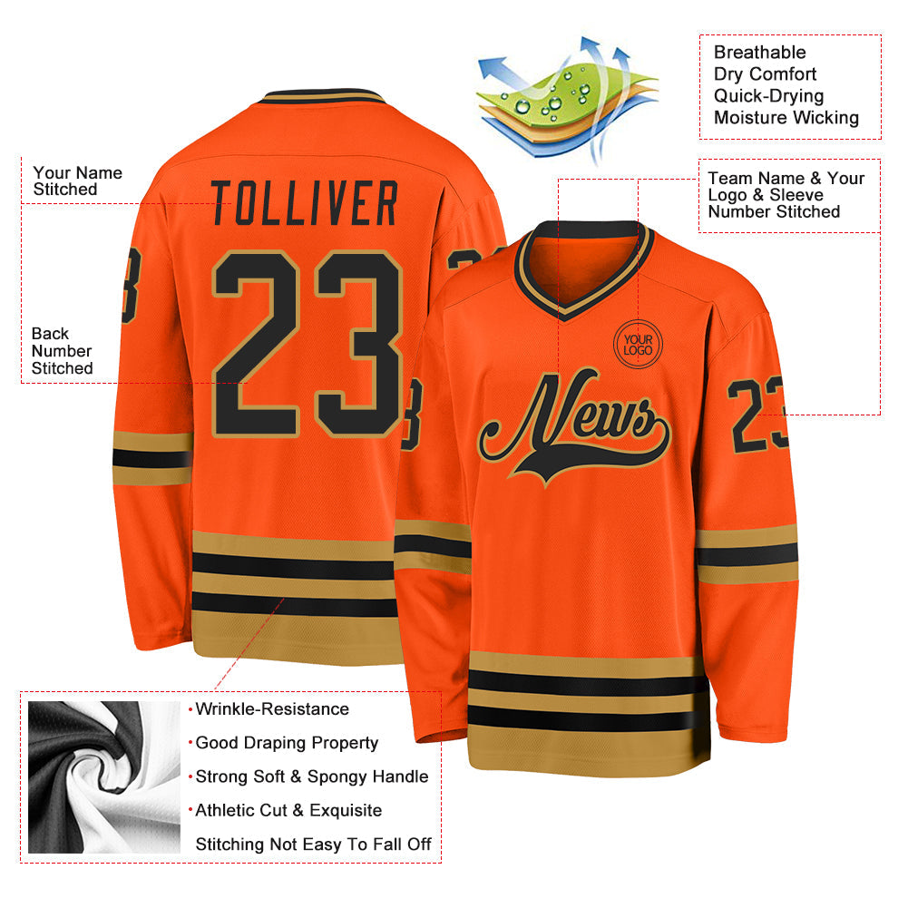 Custom Orange Black-Old Gold Hockey Jersey view 3