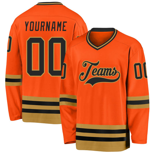 Custom Orange Black-Old Gold Hockey Jersey - Main View