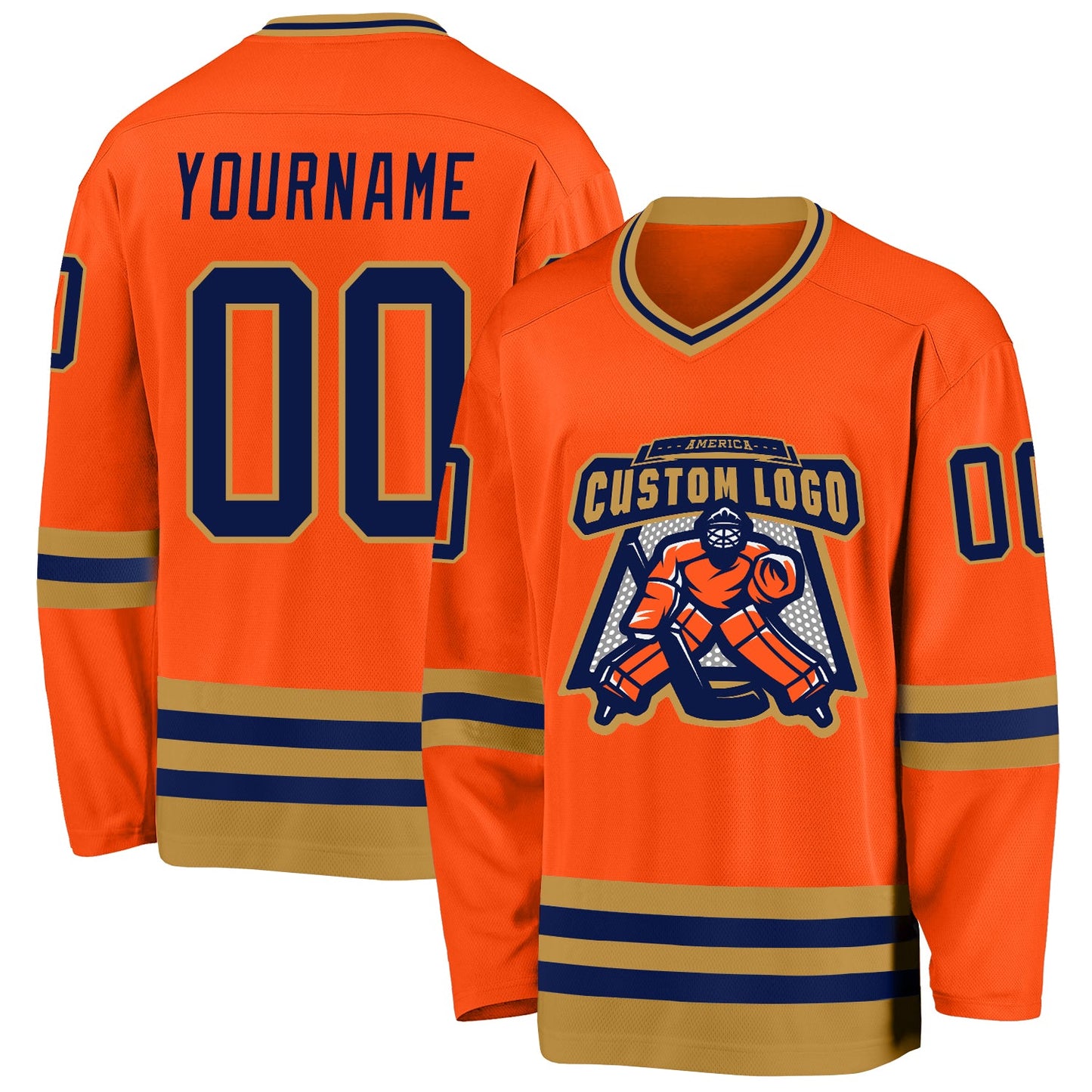 Custom Orange Navy-Old Gold Hockey Jersey view 2