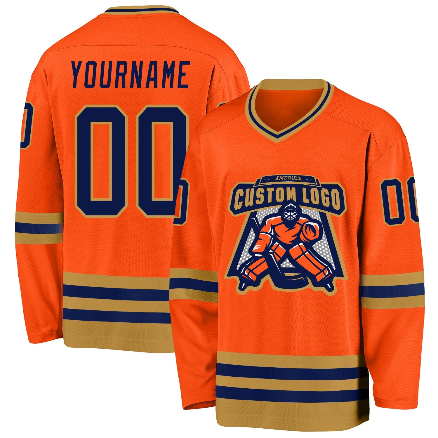 Custom Orange Navy-Old Gold Hockey Jersey view 2