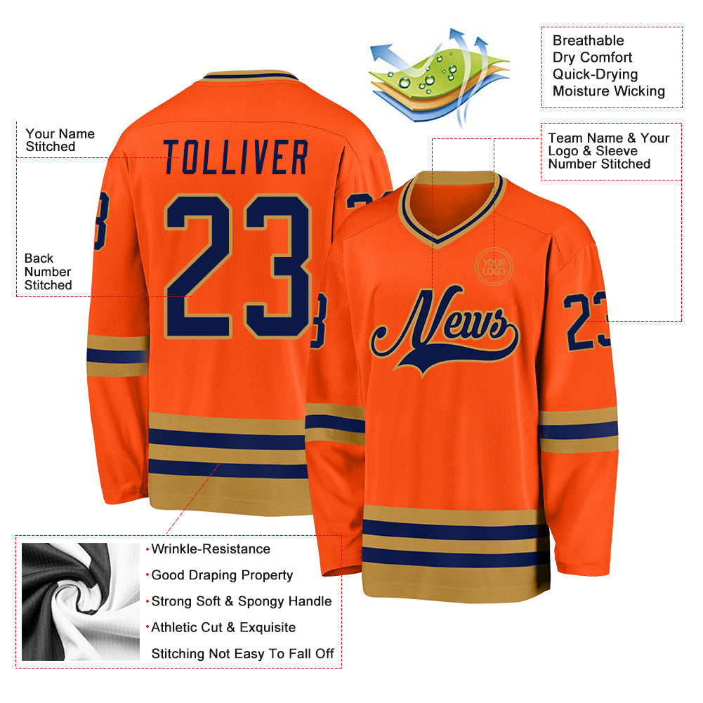 Custom Orange Navy-Old Gold Hockey Jersey view 3