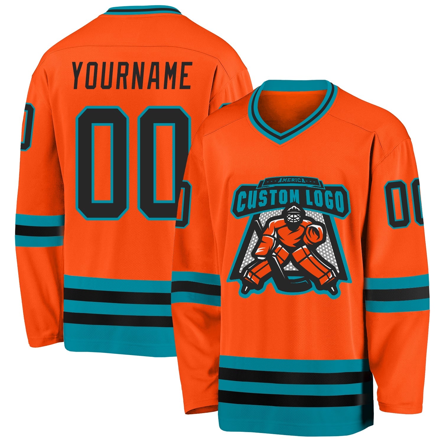 Custom Orange Black-Teal Hockey Jersey view 2