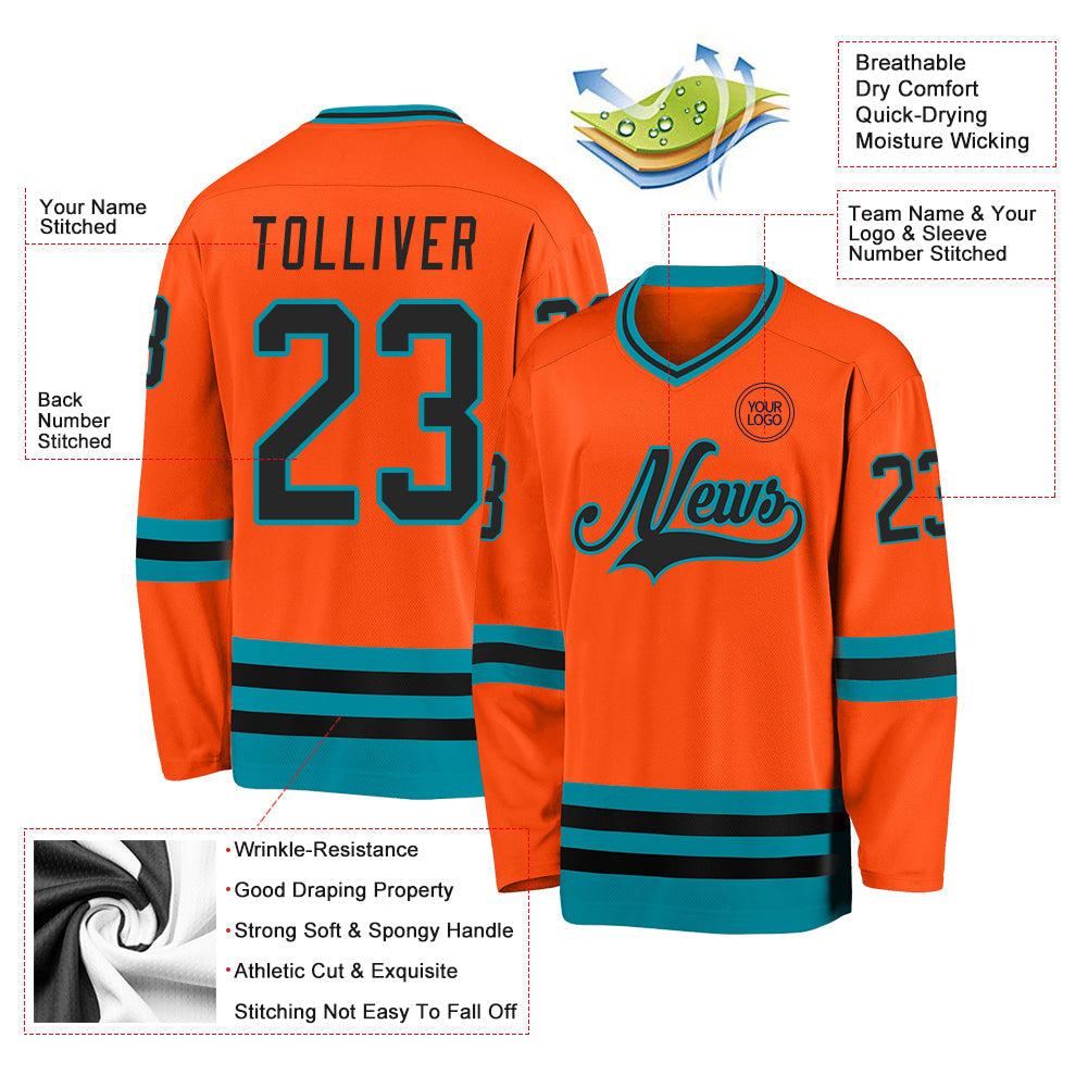 Custom Orange Black-Teal Hockey Jersey view 3