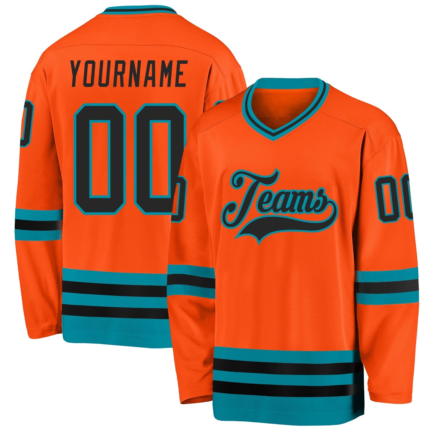 Custom Orange Black-Teal Hockey Jersey - Main View
