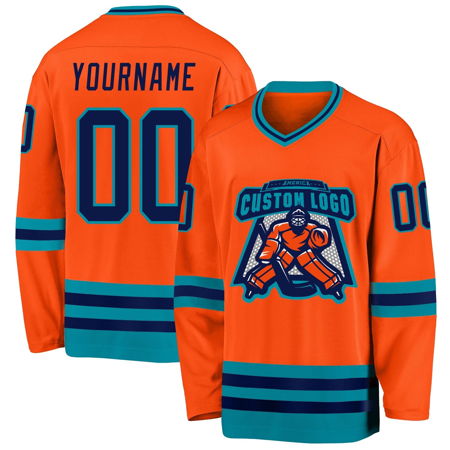 Custom Orange Navy-Teal Hockey Jersey view 2