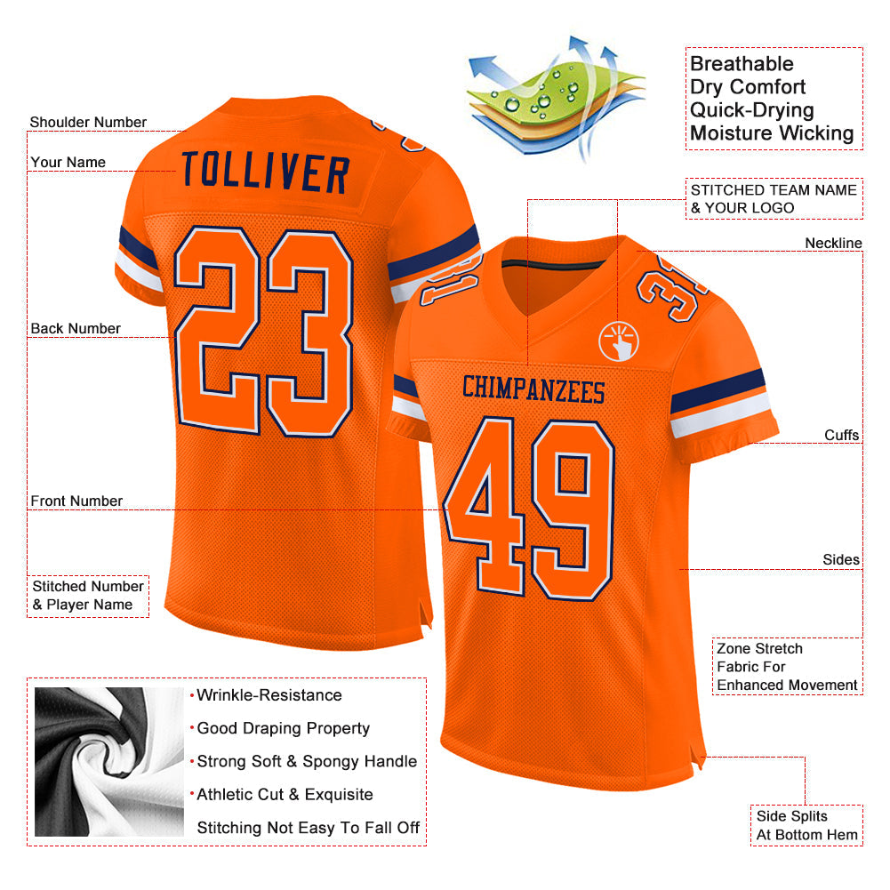 Custom Orange White-Navy Mesh Authentic Football Jersey view 2