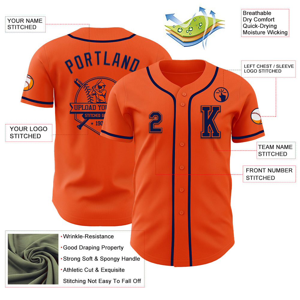 Custom Orange Navy Authentic Baseball Jersey view 6