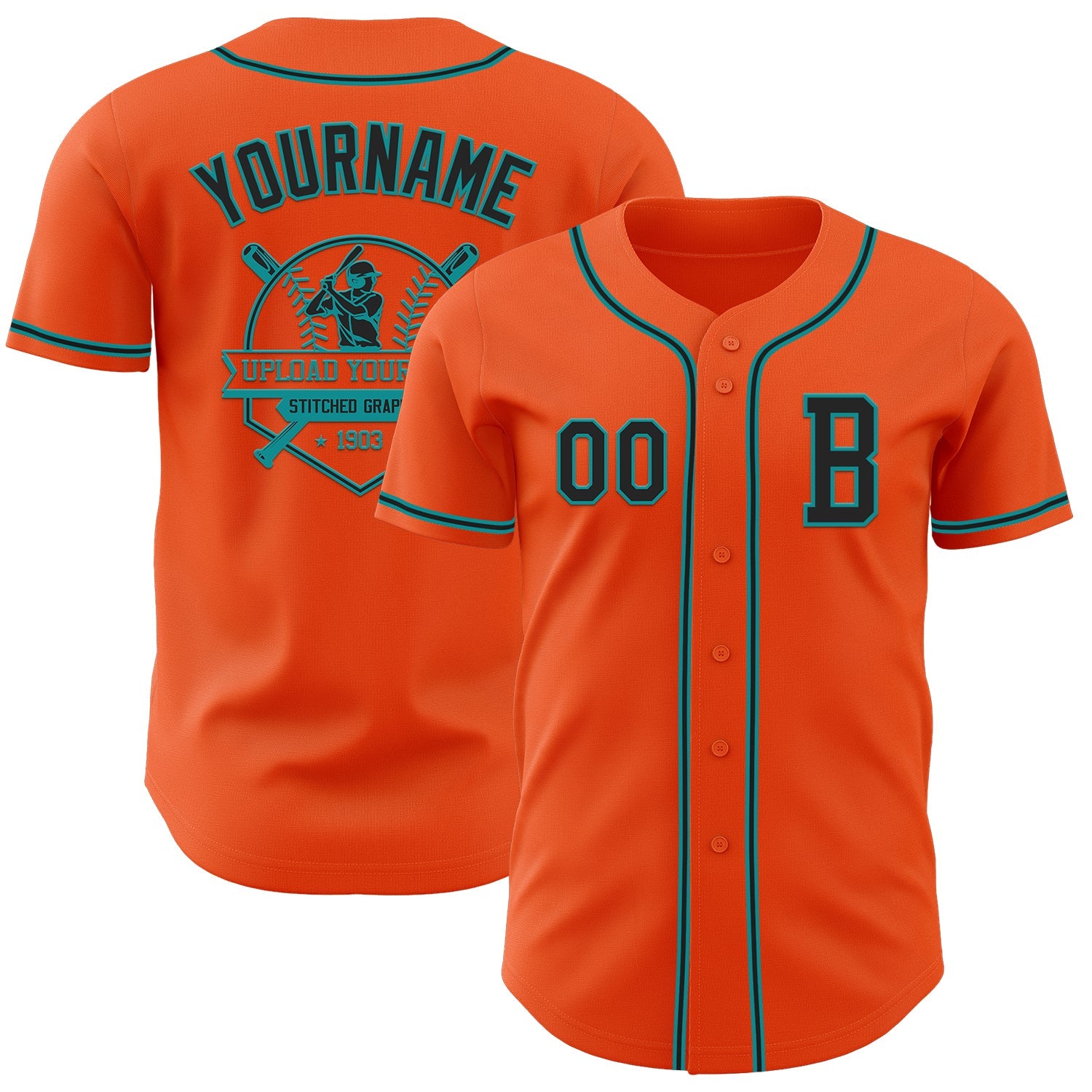 Custom Orange Black-Teal Authentic Baseball Jersey view 5